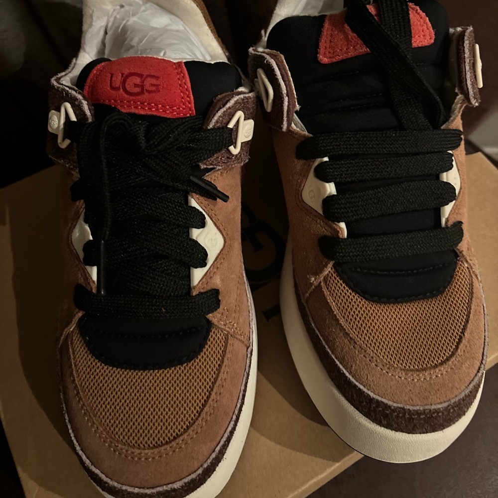 UGG Lowmel Tan and Black Sneakers with Red Accent